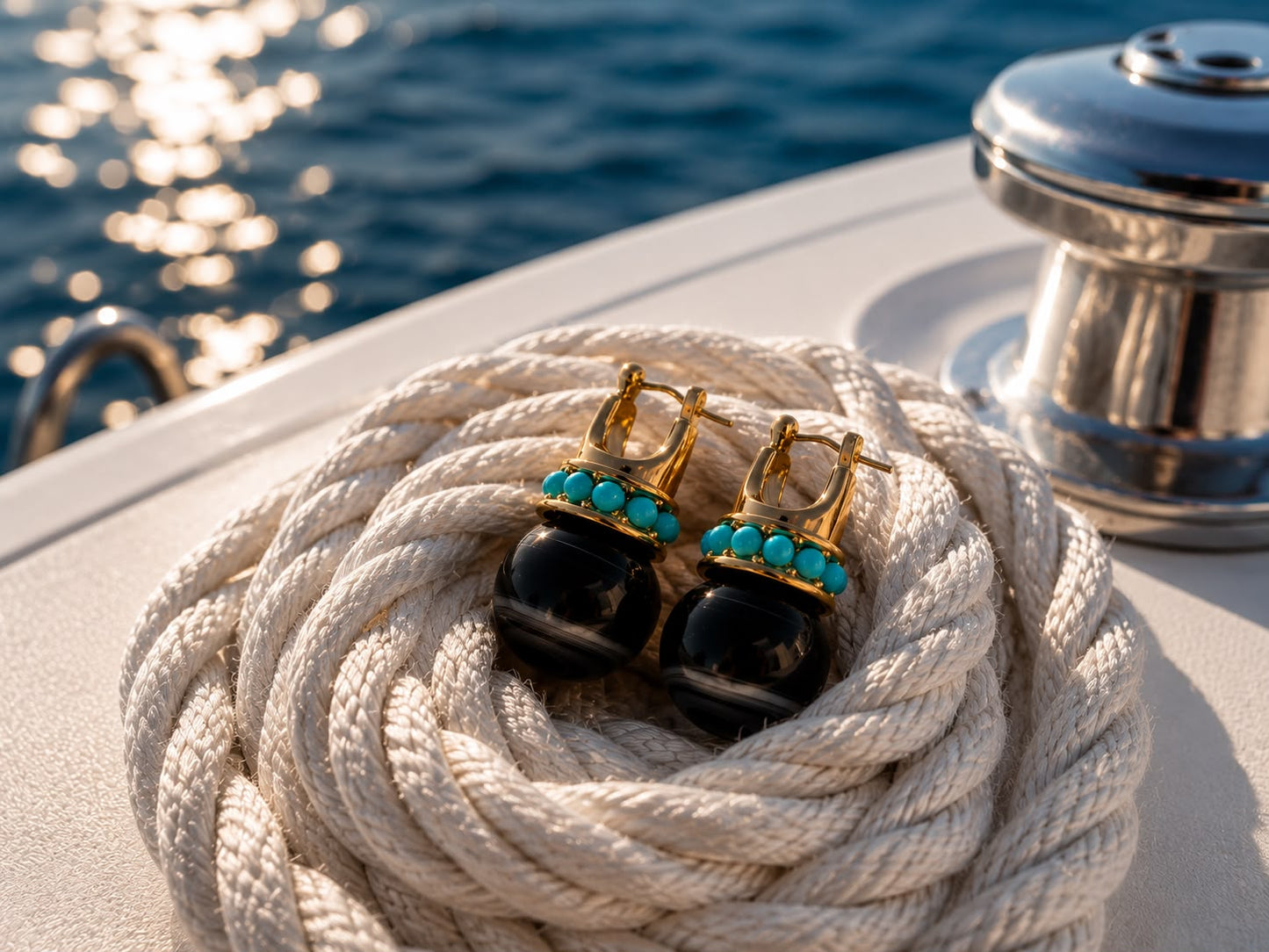 Turquoise Beaded Marbled Black Drop Earrings