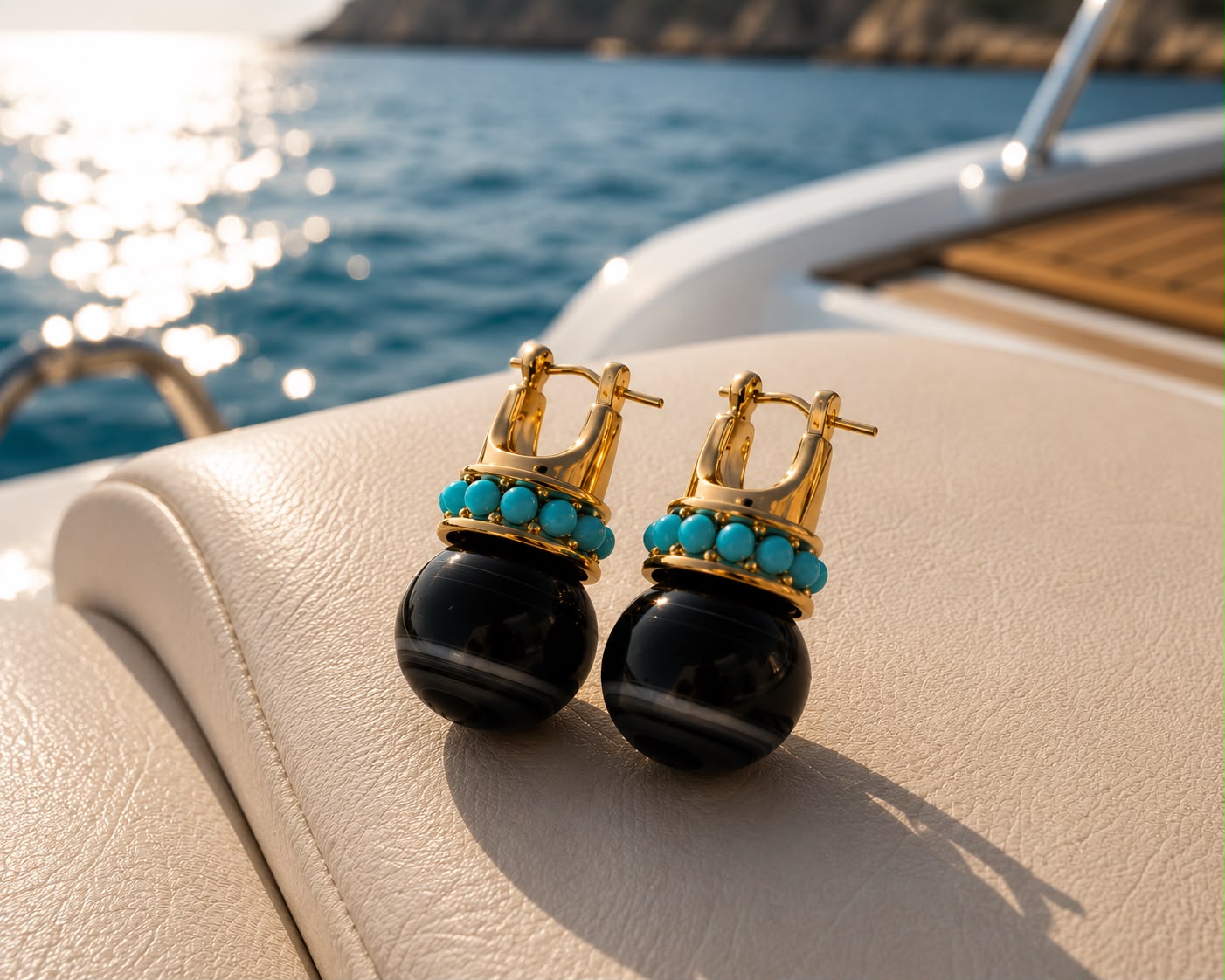 Turquoise Beaded Marbled Black Drop Earrings
