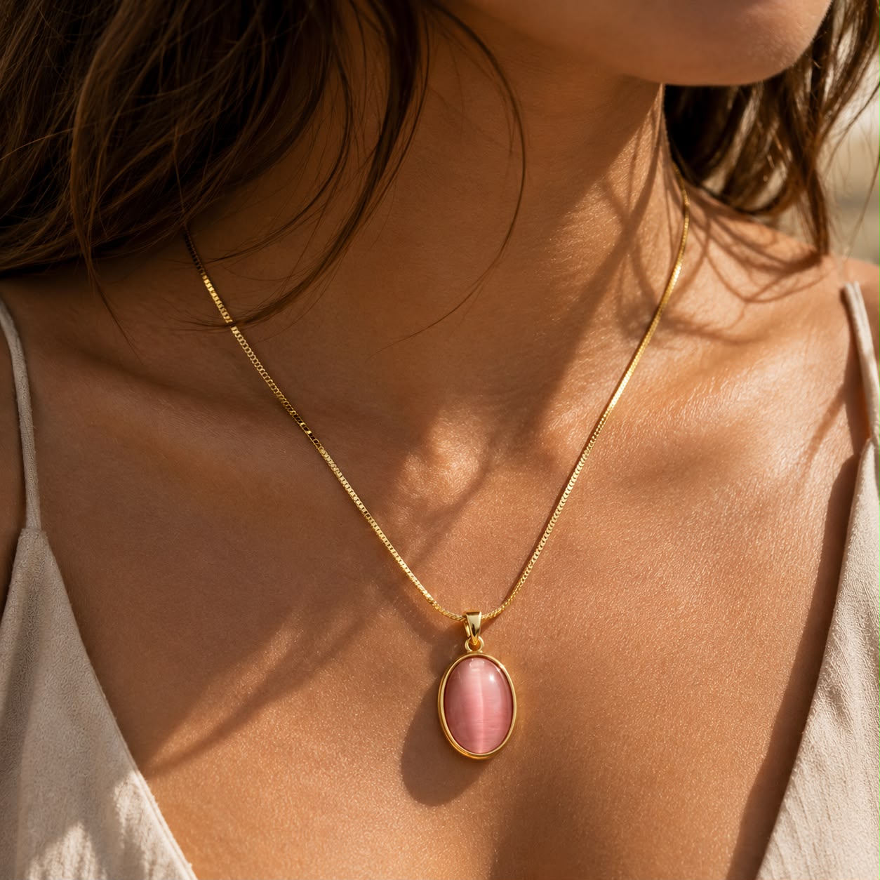 Pink Cat's Eye Gold Plated Necklace