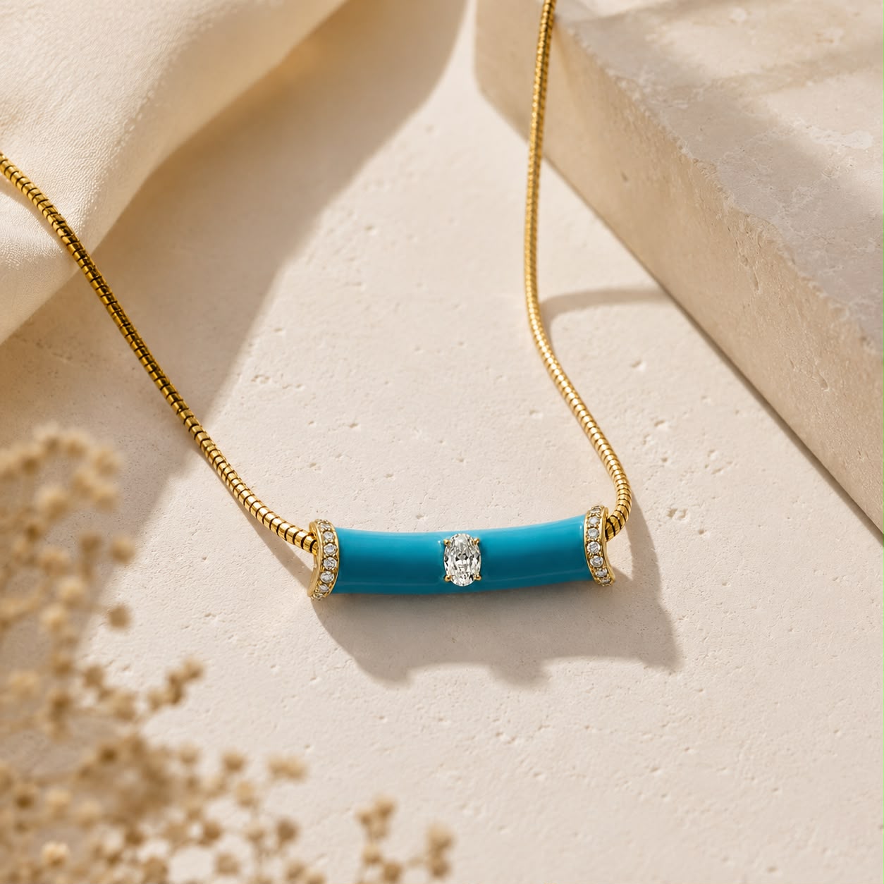 Turquoise Enamel Single Stone Snake Chain Gold Plated Necklace