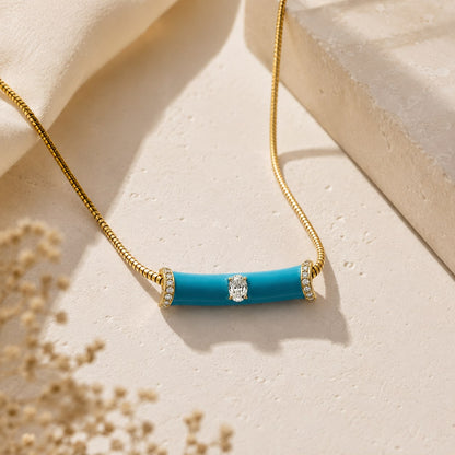Turquoise Enamel Single Stone Snake Chain Gold Plated Necklace