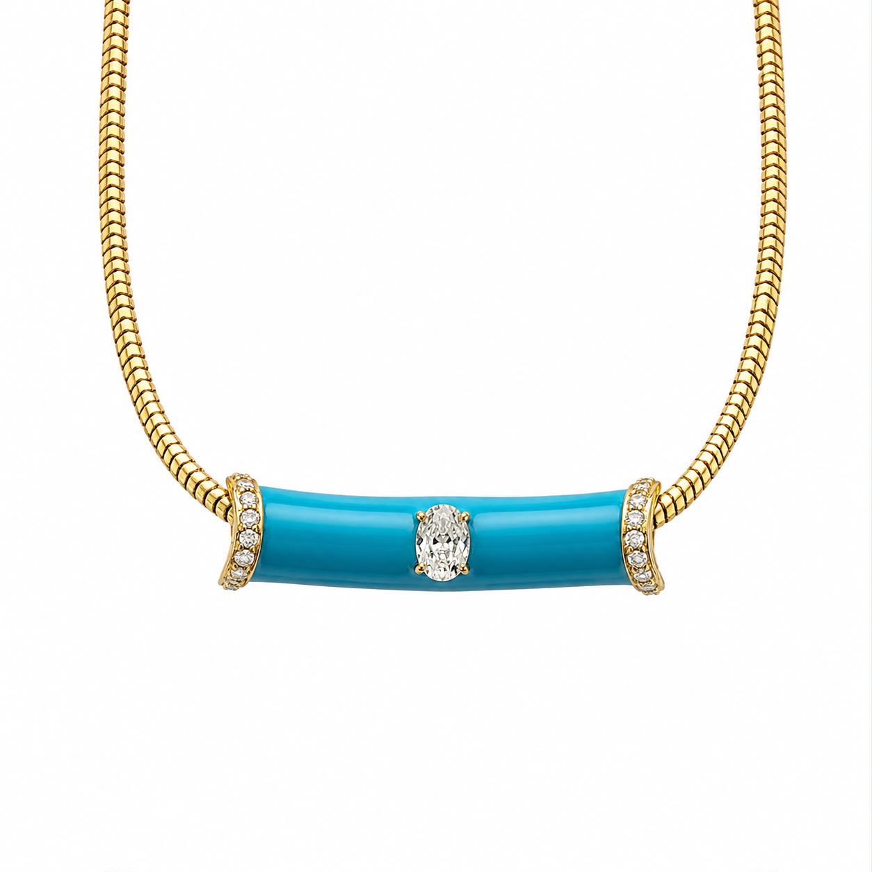 Turquoise Enamel Single Stone Snake Chain Gold Plated Necklace