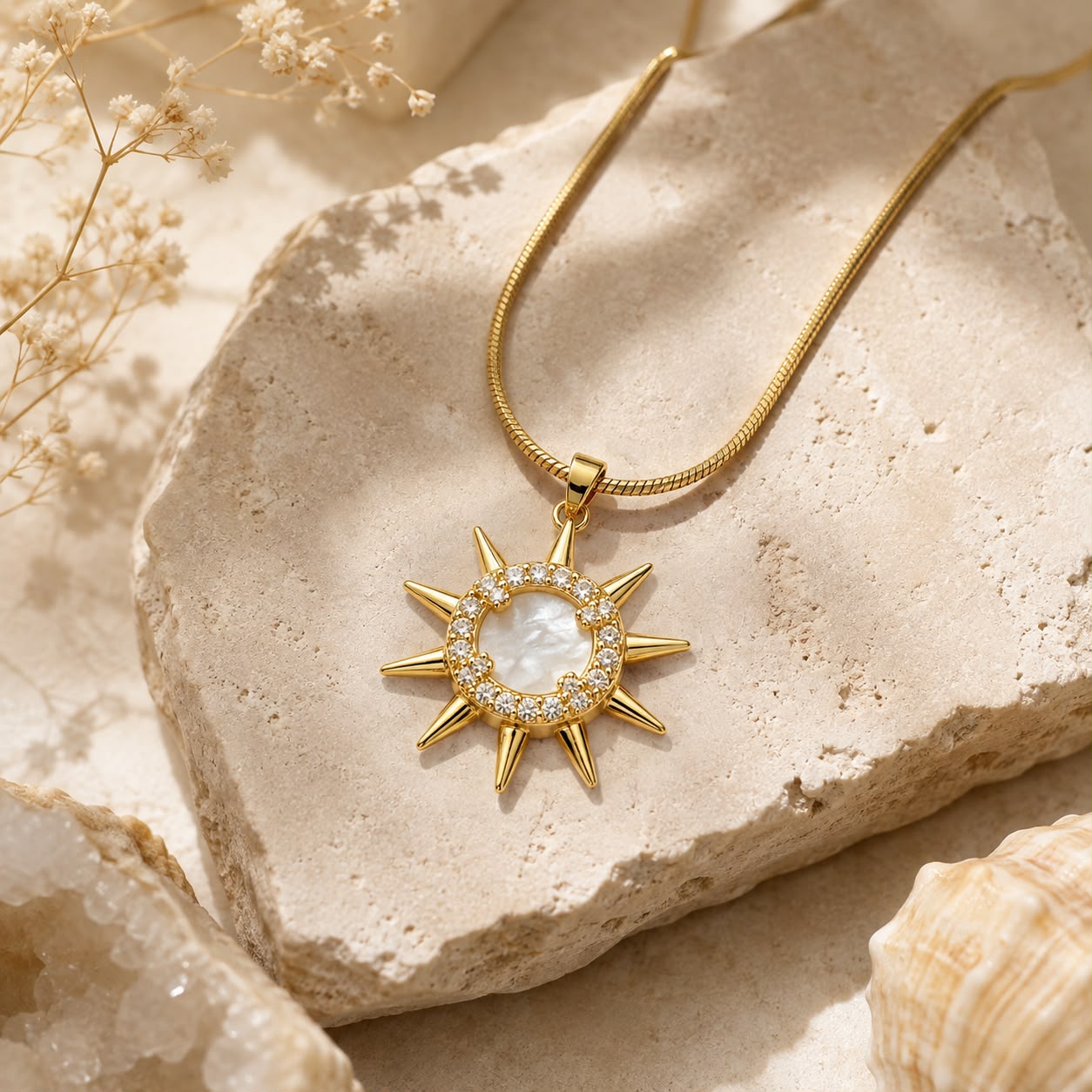 Celestial Sun Mother of Pearl Snake Chain Gold Plated Necklace