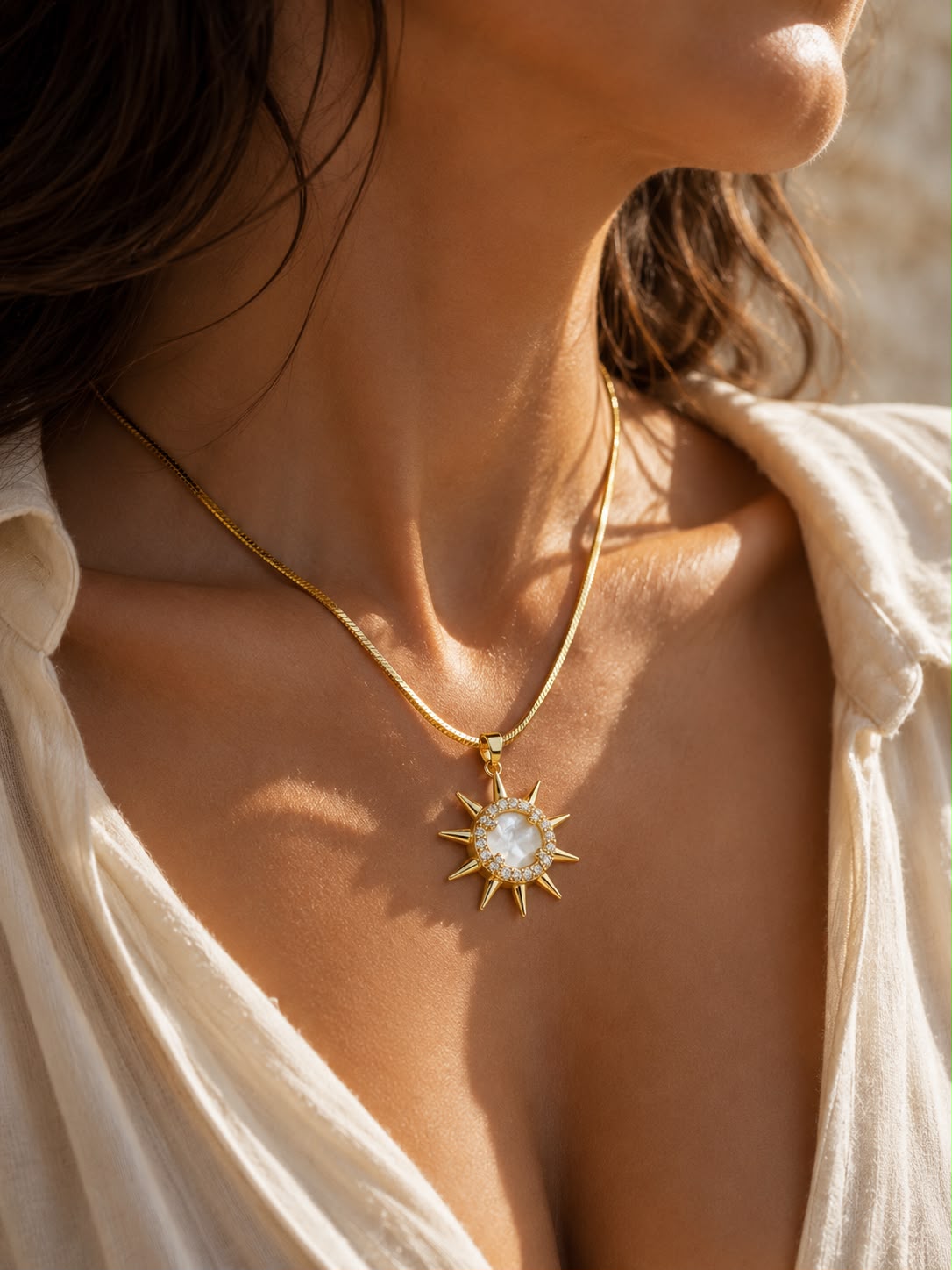 Celestial Sun Mother of Pearl Snake Chain Gold Plated Necklace