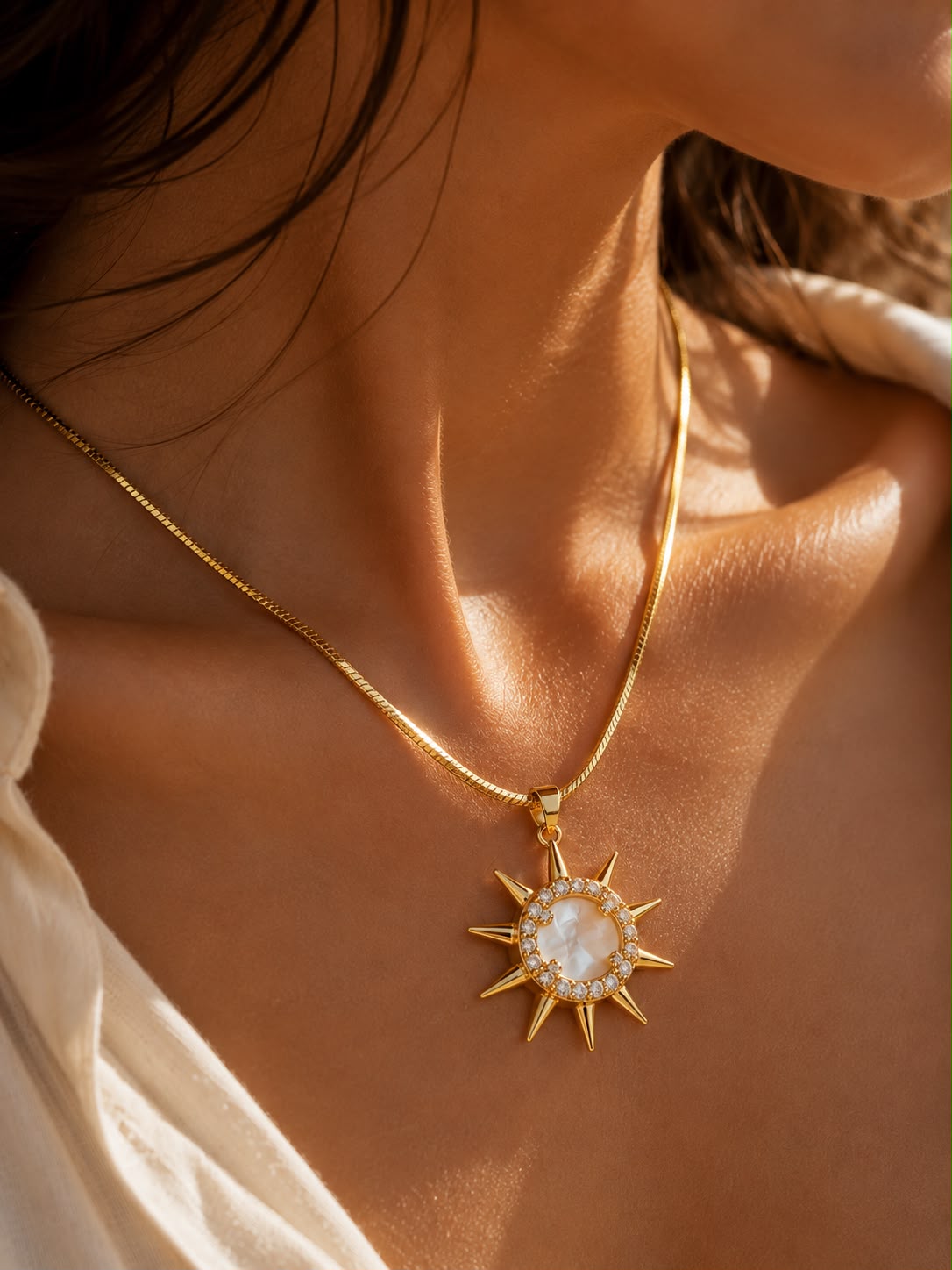 Celestial Sun Mother of Pearl Snake Chain Gold Plated Necklace