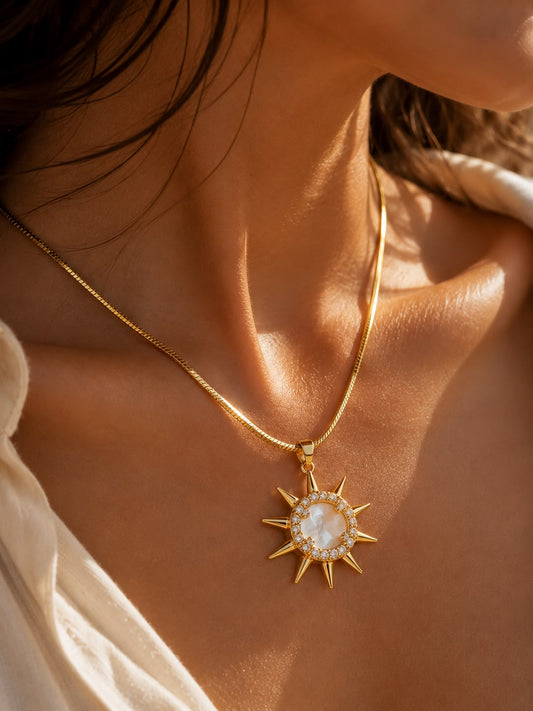 Celestial Sun Mother of Pearl Snake Chain Gold Plated Necklace