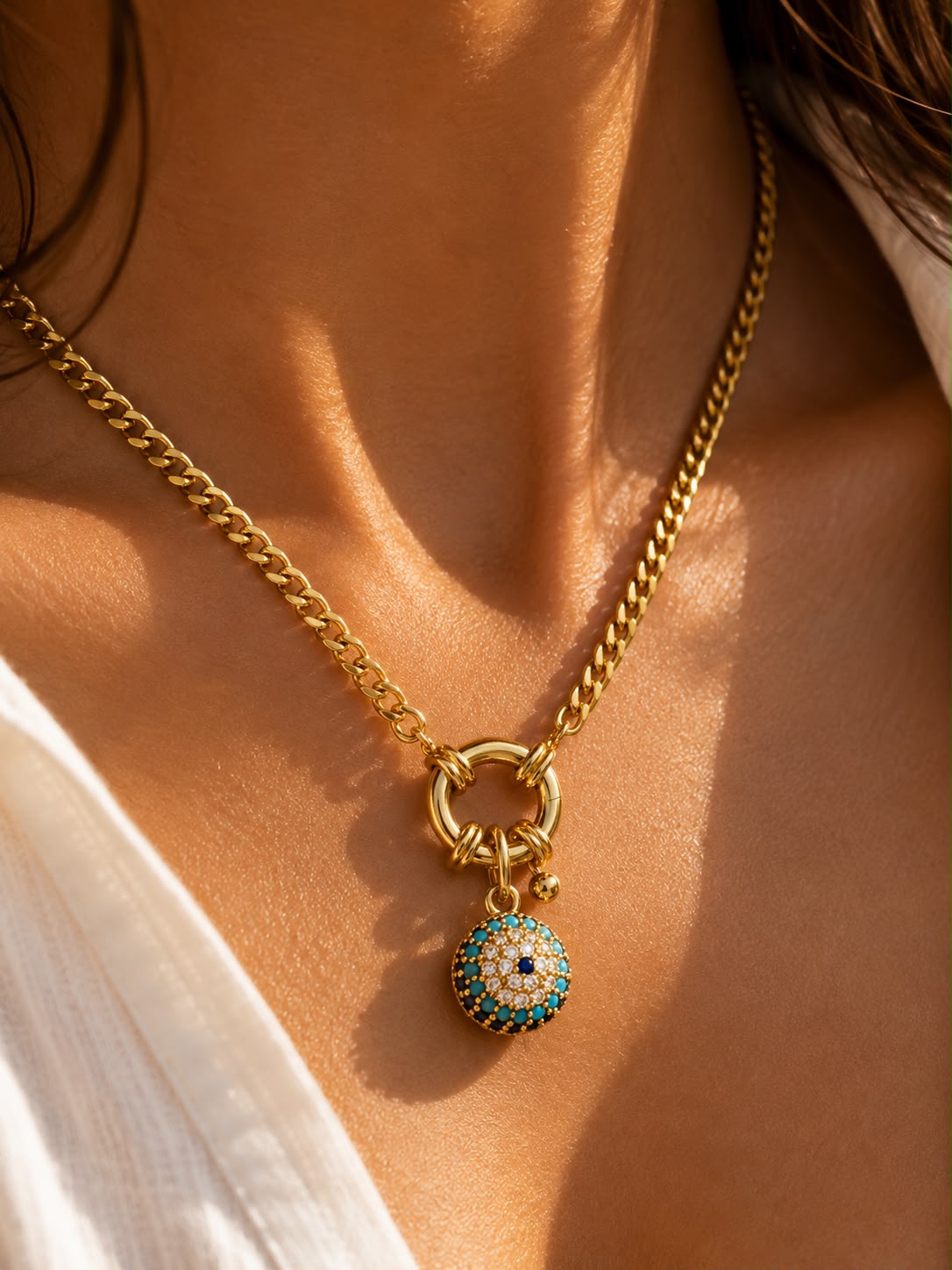 Celestial Evil Eye Cuban Chain Toggle Gold Plated Necklace