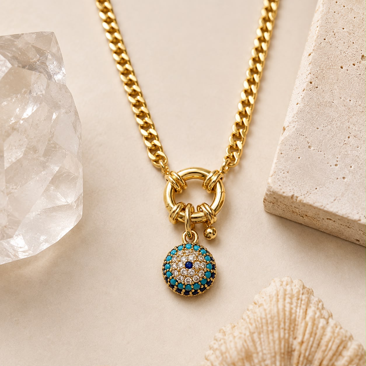 Celestial Evil Eye Cuban Chain Toggle Gold Plated Necklace