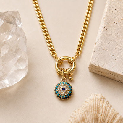 Celestial Evil Eye Cuban Chain Toggle Gold Plated Necklace