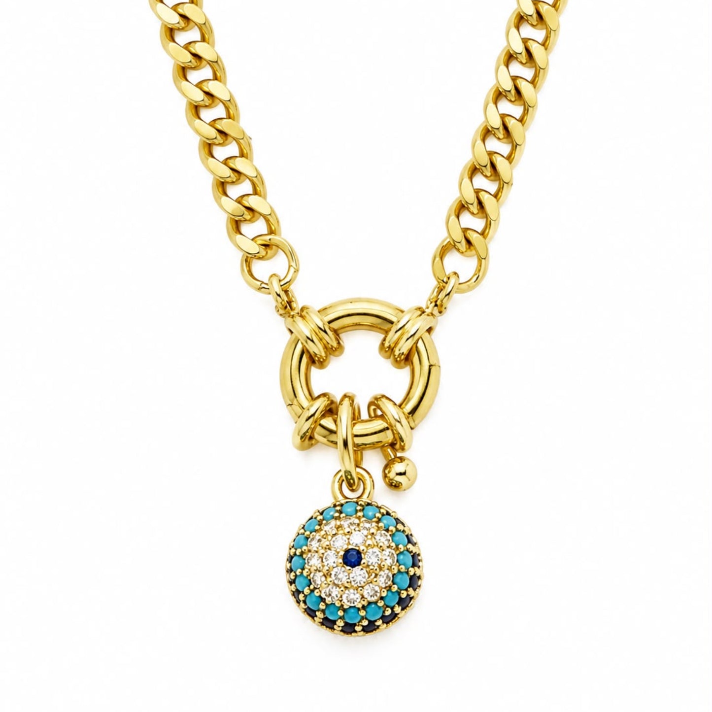 A gold-toned chunky chain necklace with a ring clasp and a dangling evil eye charm. The charm features a gold border, turquoise blue stones, and a central dark blue stone surrounded by small clear stones, set against a plain white background.