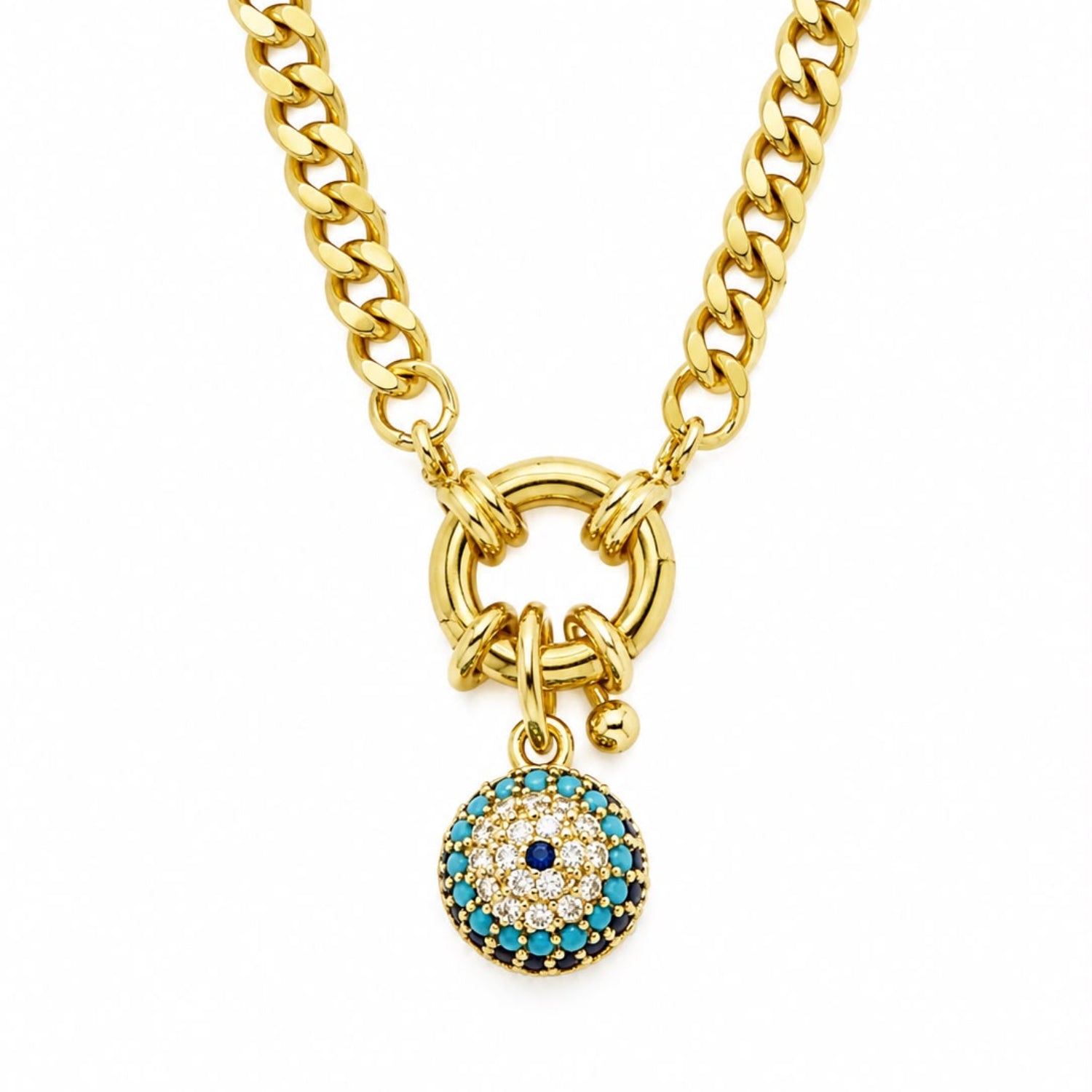 A gold-toned chunky chain necklace with a ring clasp and a dangling evil eye charm. The charm features a gold border, turquoise blue stones, and a central dark blue stone surrounded by small clear stones, set against a plain white background.