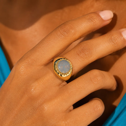 Ocean Aura Blue Mother of Pearl Gold Plated Adjustable Ring