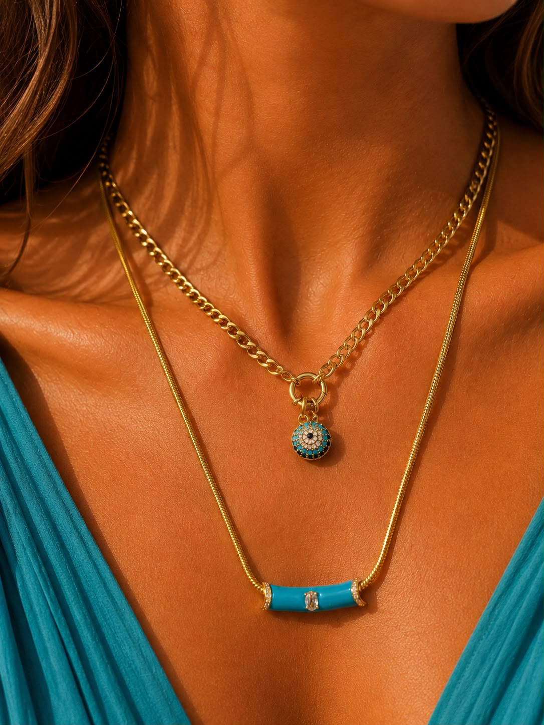 Celestial Evil Eye Cuban Chain Toggle Gold Plated Necklace