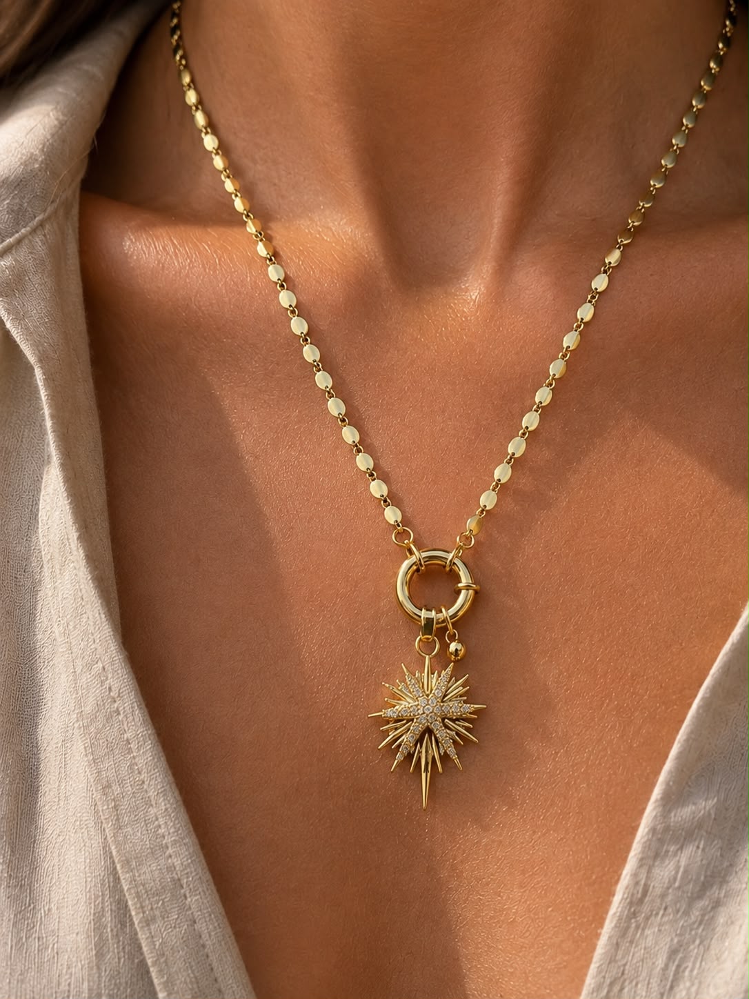 Celestial North Star Beaded Chain Toggle Gold Plated Necklace