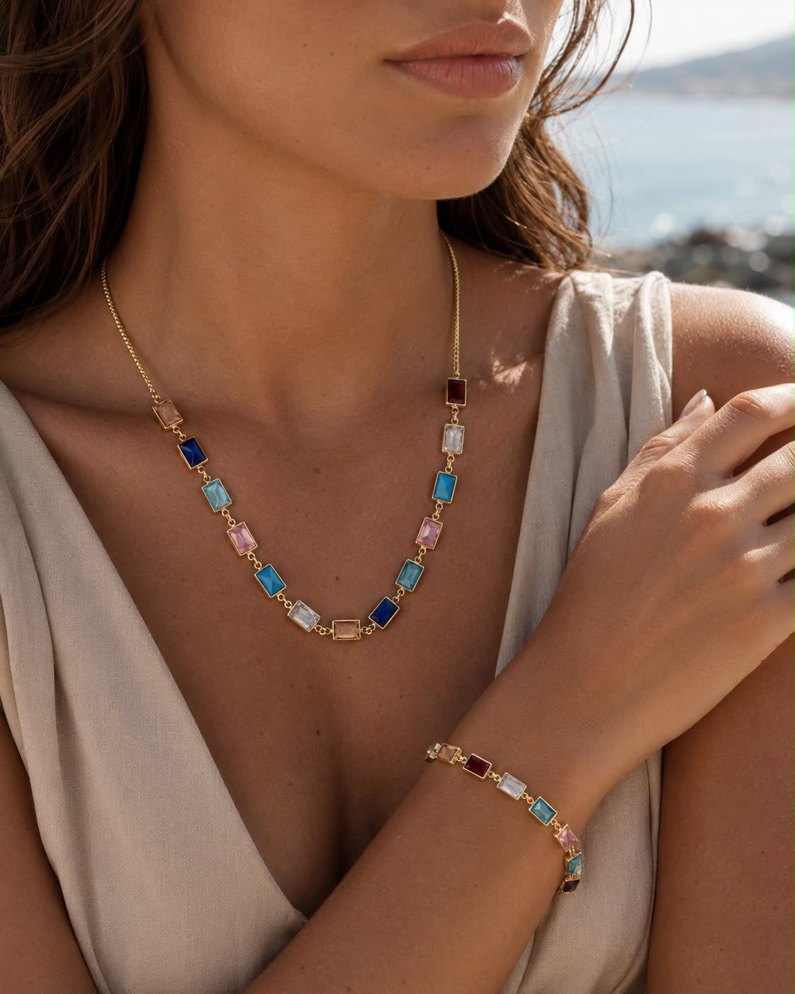 Coastal Mosaic Gold Plated Necklace & Bracelet Set