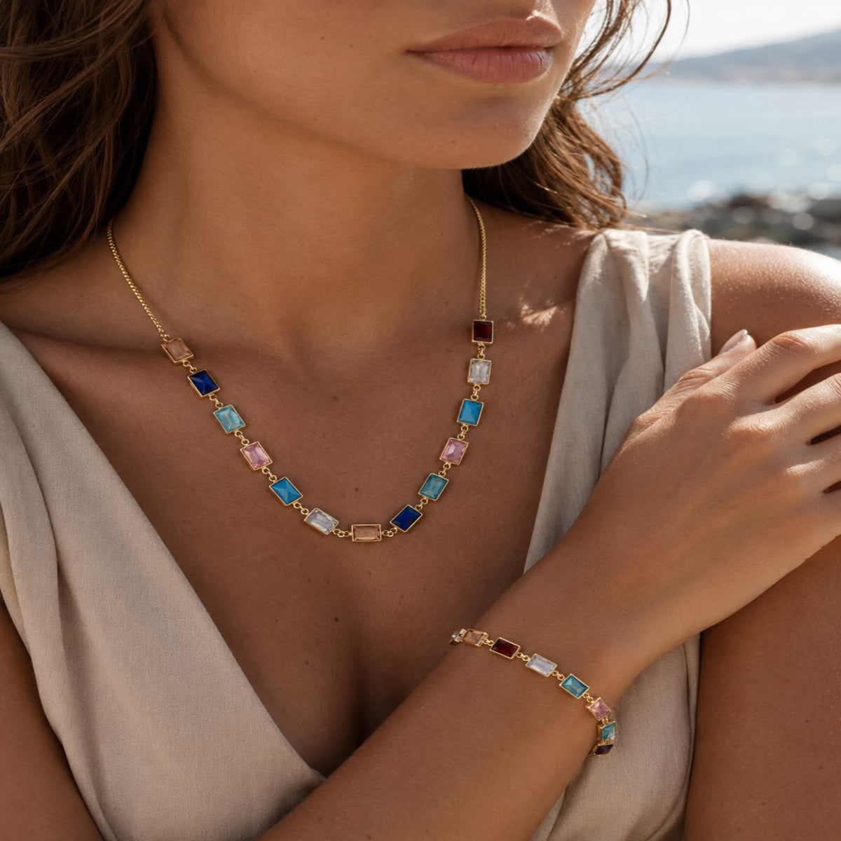 Prismatic Harmony Multicolour Glass Gold Plated Necklace