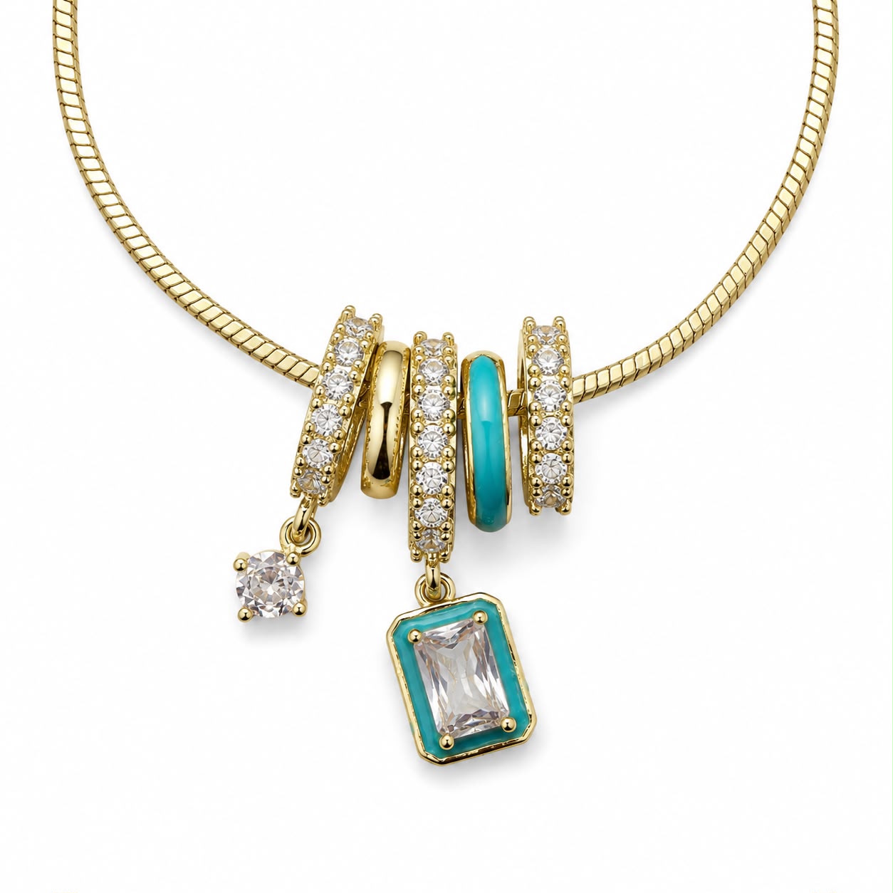Turquoise Baguette Charm Snake Chain Gold Plated Necklace