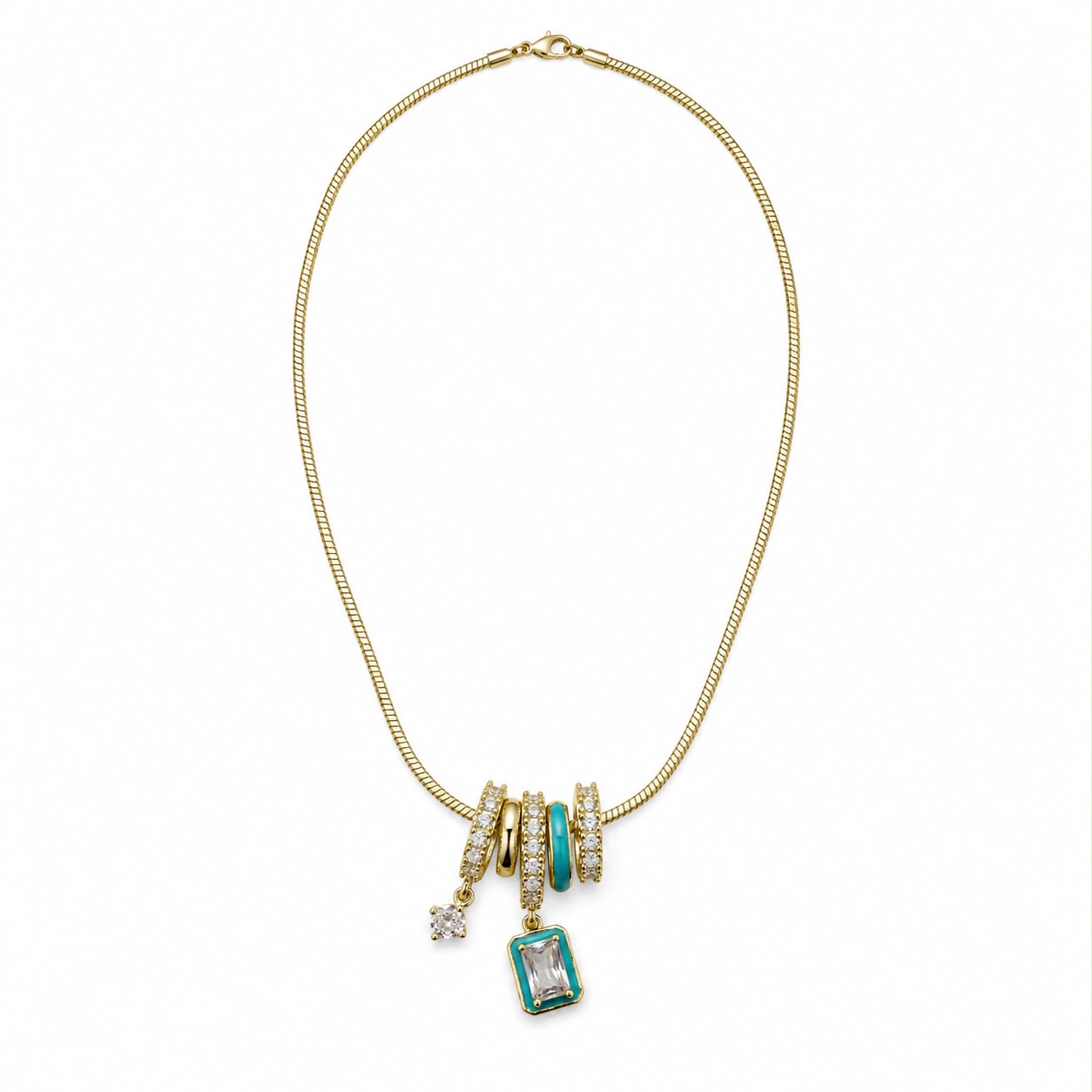 Turquoise Baguette Charm Snake Chain Gold Plated Necklace