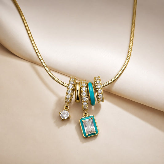 Turquoise Baguette Charm Snake Chain Gold Plated Necklace