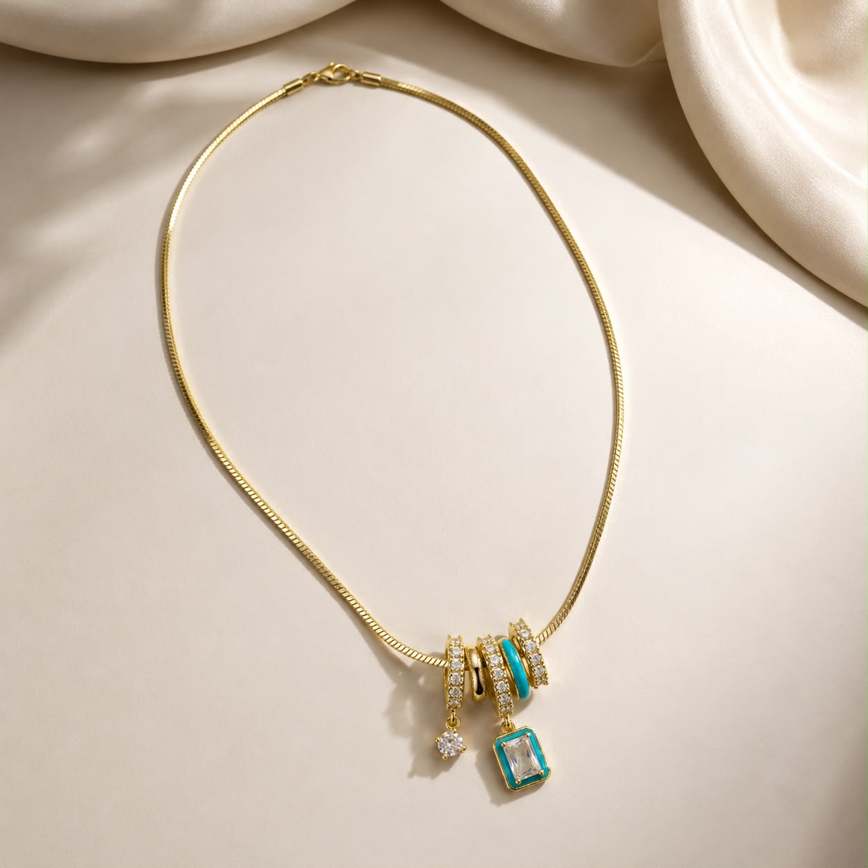 Turquoise Baguette Charm Snake Chain Gold Plated Necklace