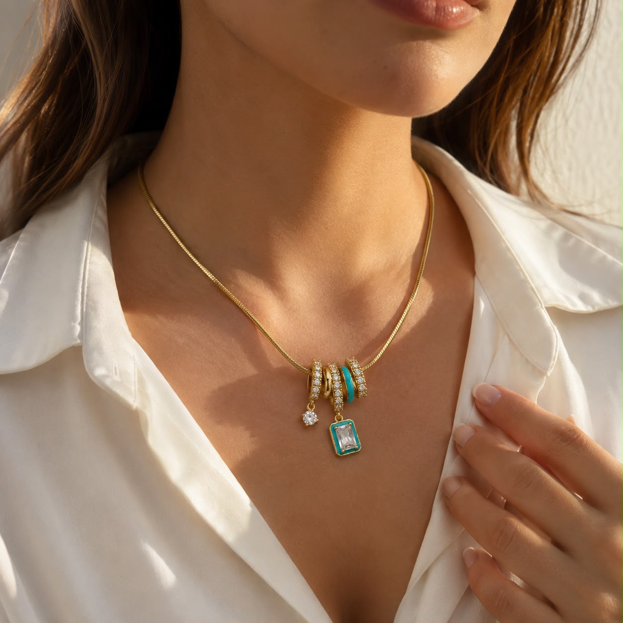 Turquoise Baguette Charm Snake Chain Gold Plated Necklace