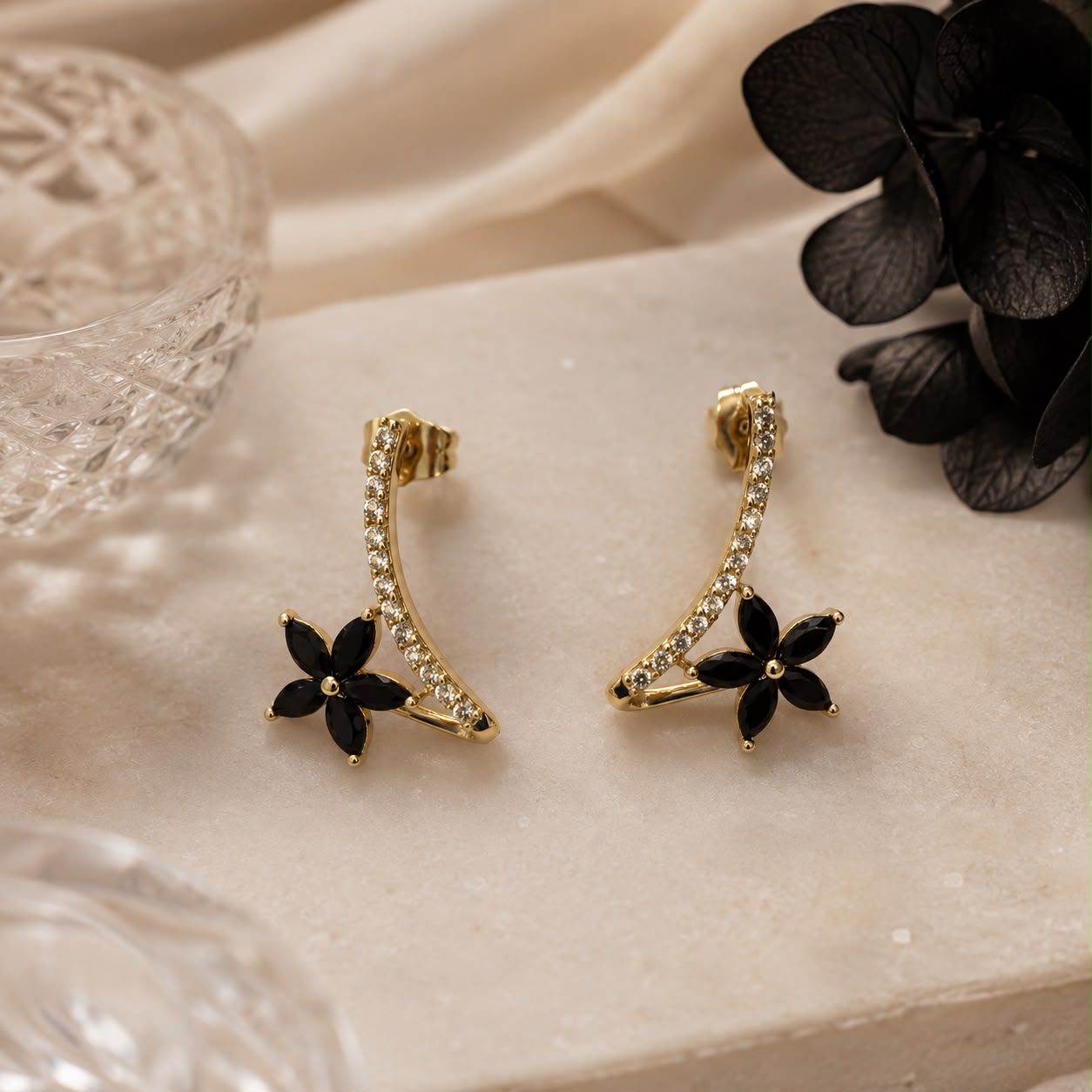 Midnight Blossom Gold Plated Ear Climber Earrings