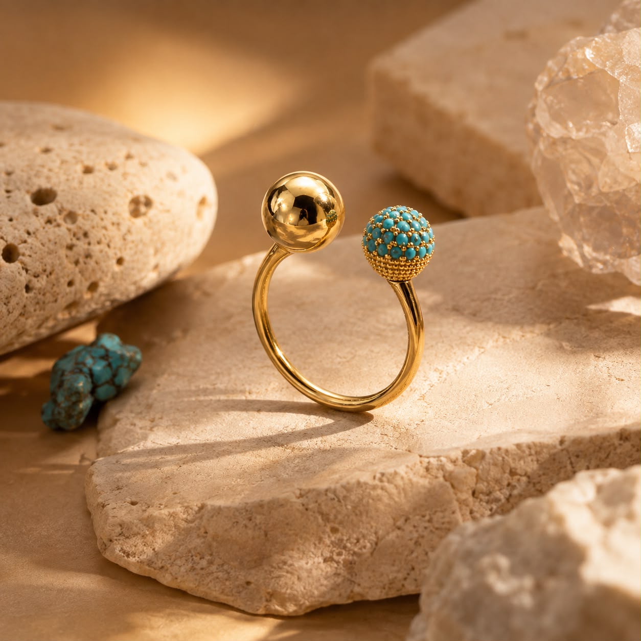 Ocean Orbit Turquoise Gold Plated Adjustable Ring