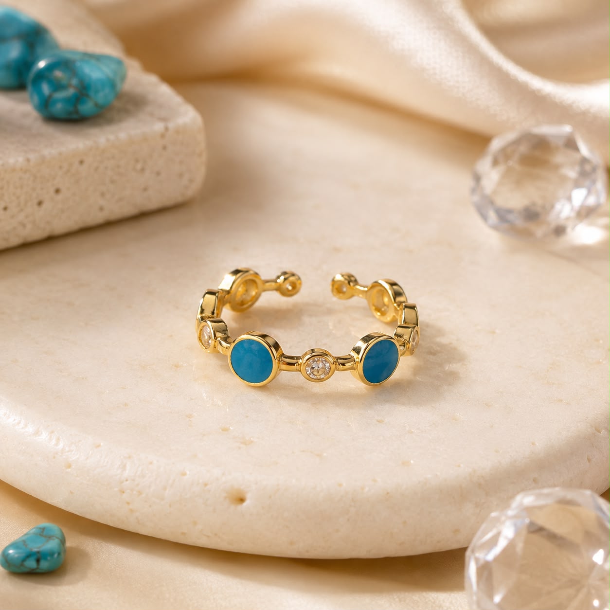 Sea Whisper Turquoise Enamel Gold Plated Adjustable Ring