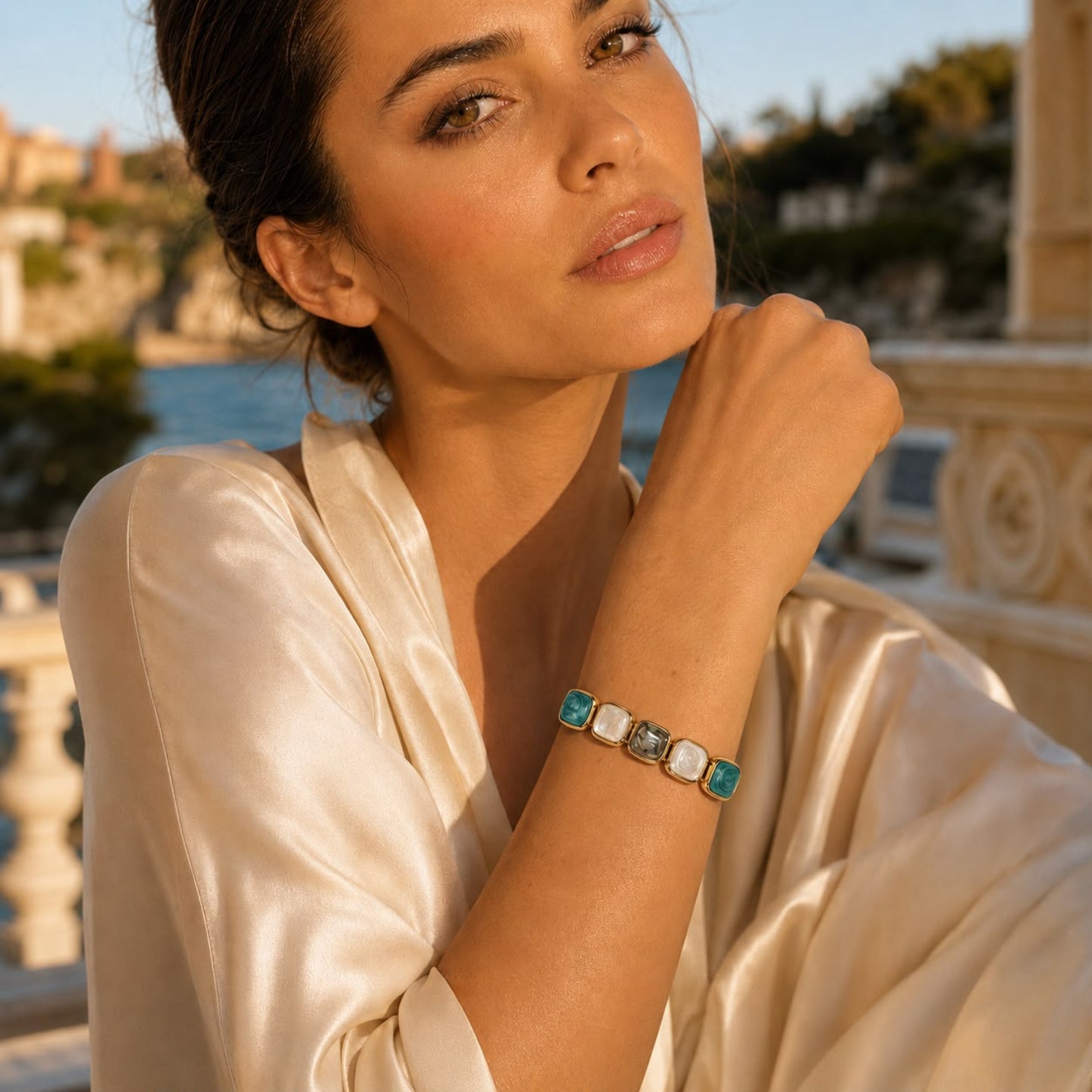 Aegean Mosaic Mother of Pearl and Abalone Gold Plated Bracelet