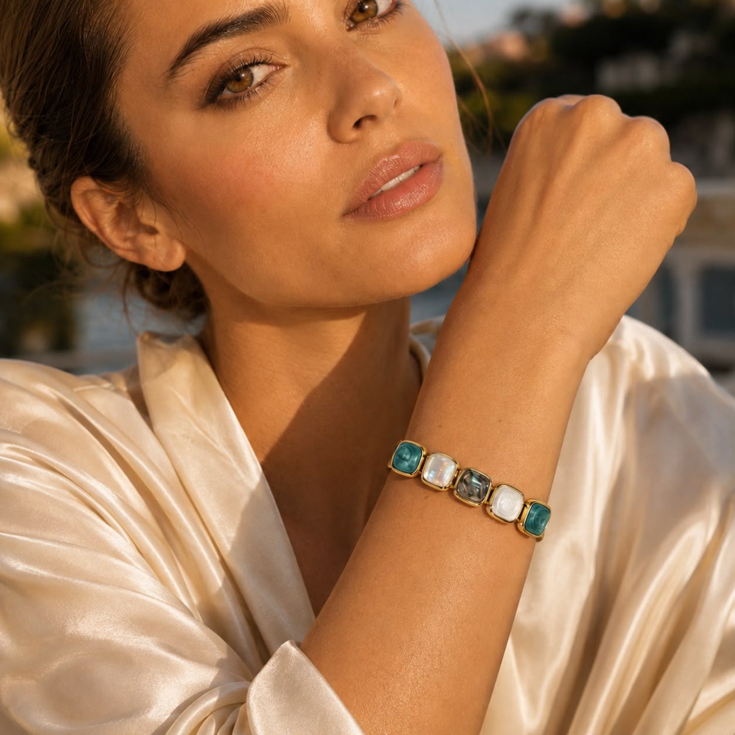 Aegean Mosaic Mother of Pearl and Abalone Gold Plated Bracelet