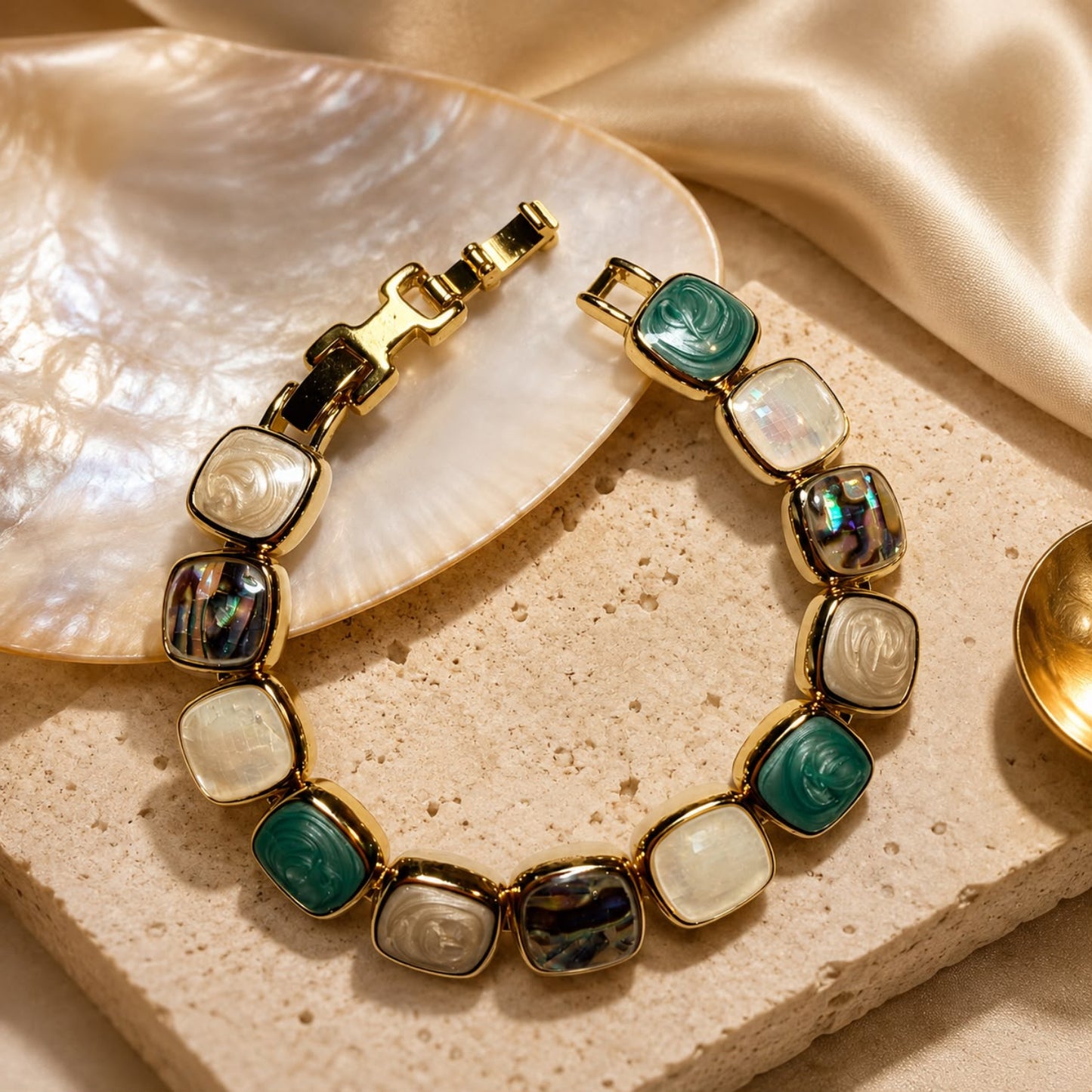 Aegean Mosaic Mother of Pearl and Abalone Gold Plated Bracelet