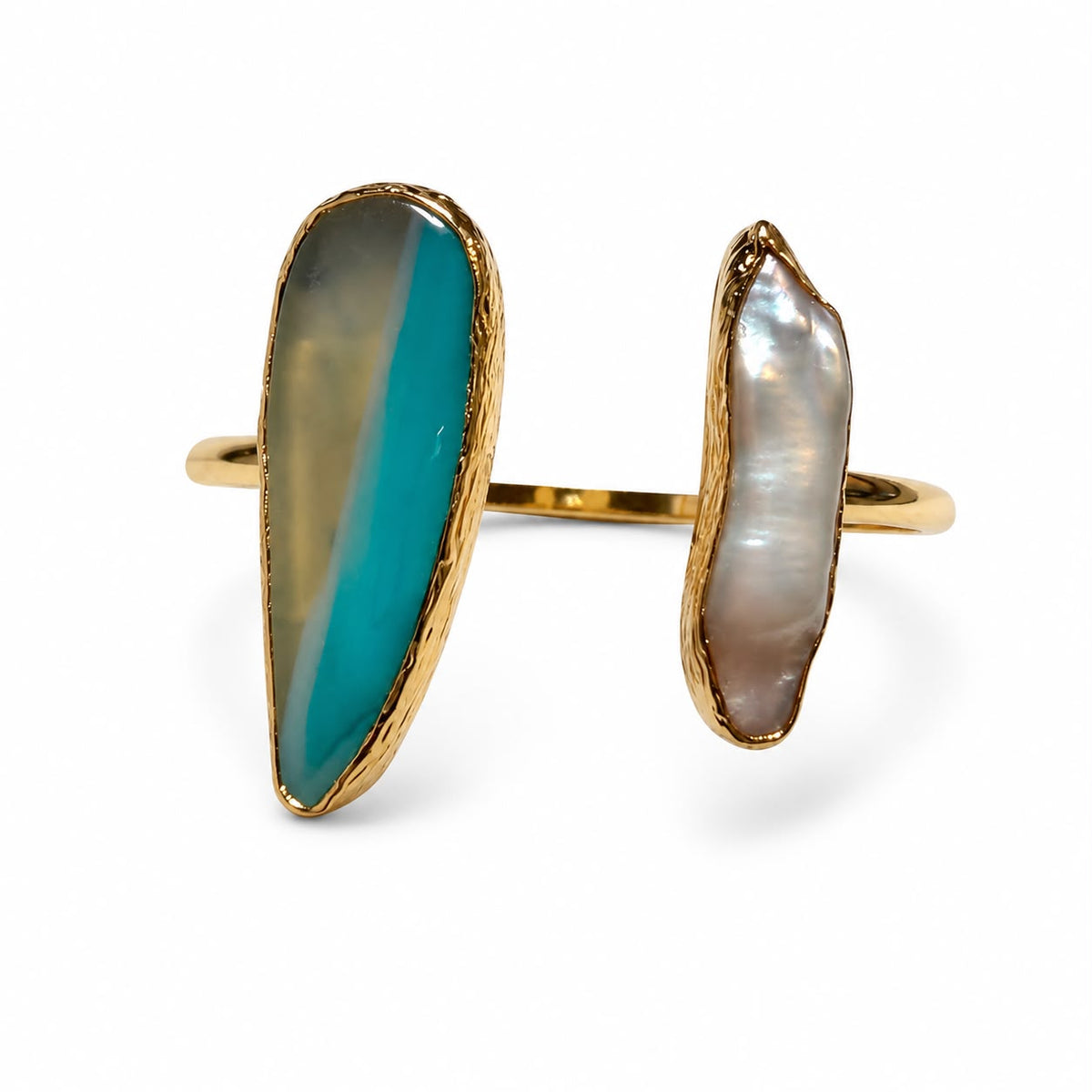 Unique Turquoise & Pearl Enamel Gold Plated Cuff Bracelet