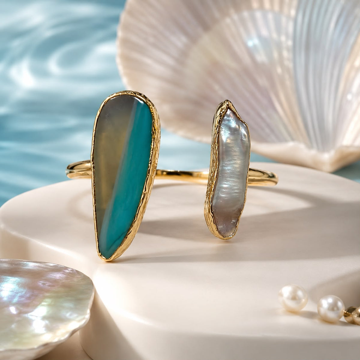 Unique Turquoise & Pearl Enamel Gold Plated Cuff Bracelet
