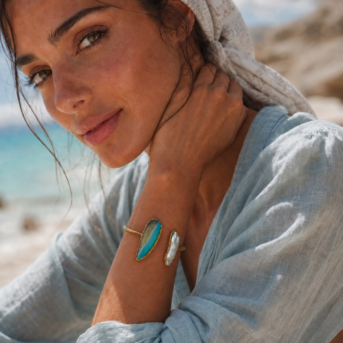 Unique Turquoise & Pearl Enamel Gold Plated Cuff Bracelet