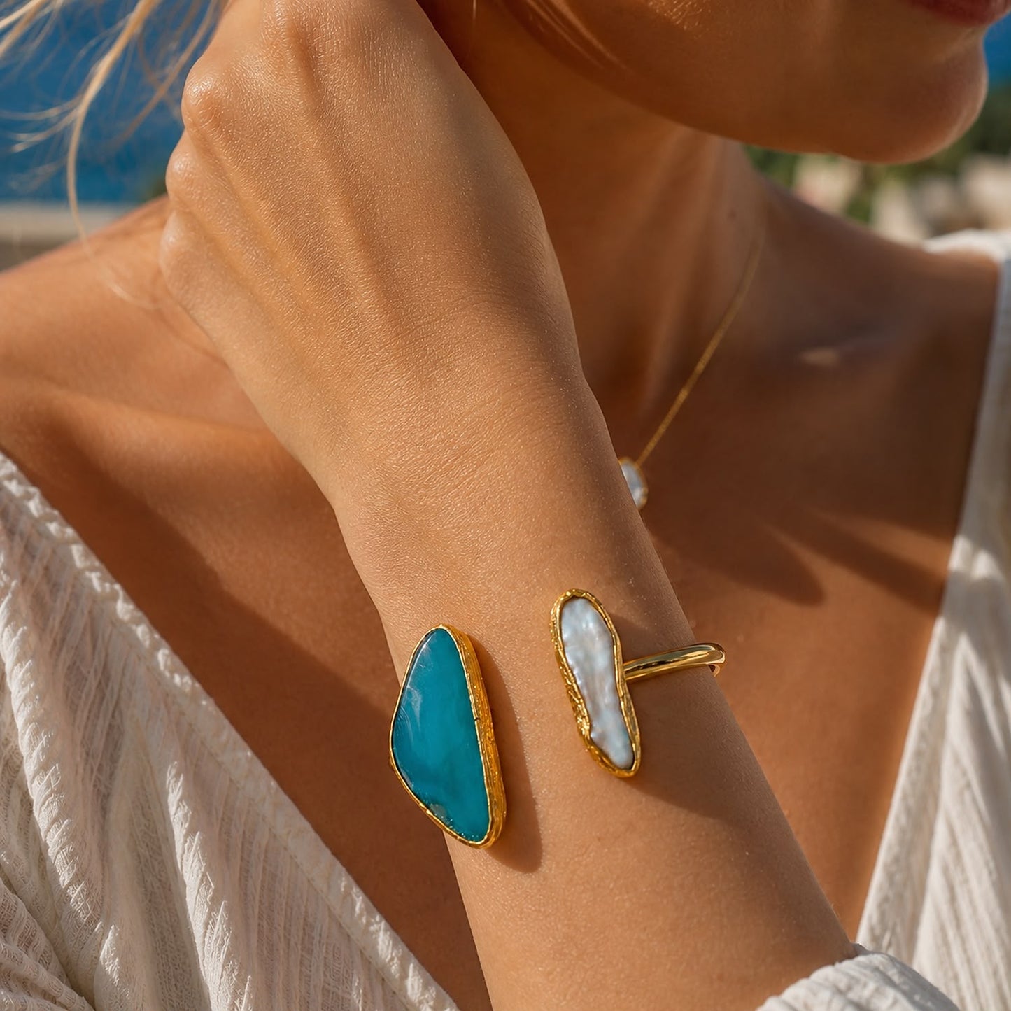 Aegean Tide Turquoise Enamel Gold Plated Cuff Bracelet