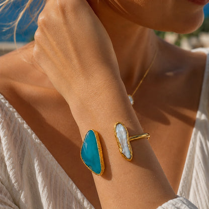 Aegean Tide Turquoise Enamel Gold Plated Cuff Bracelet