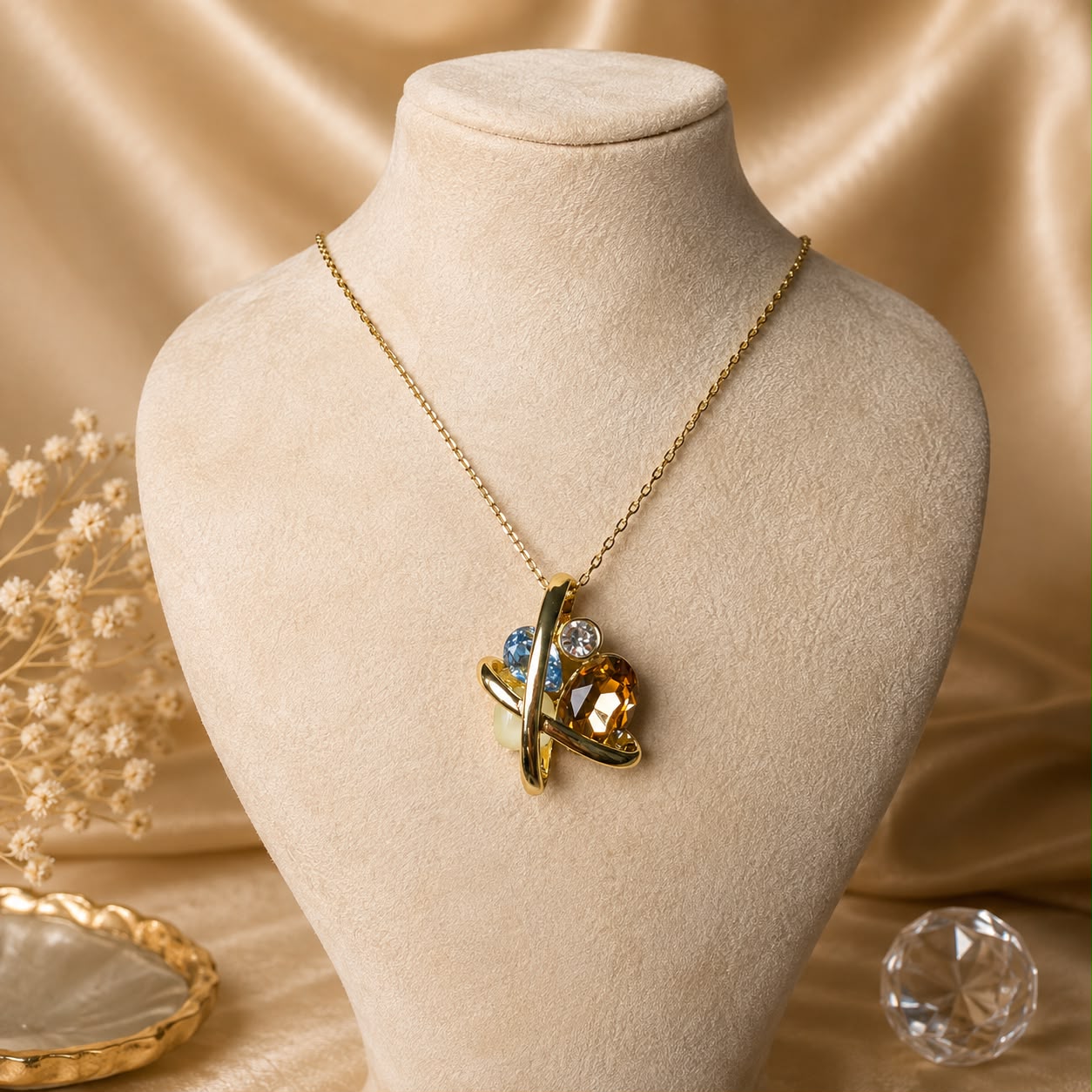 Cosmic Balance Aquamarine-Toned & Citrine-Toned Crystal Gold Plated Necklace