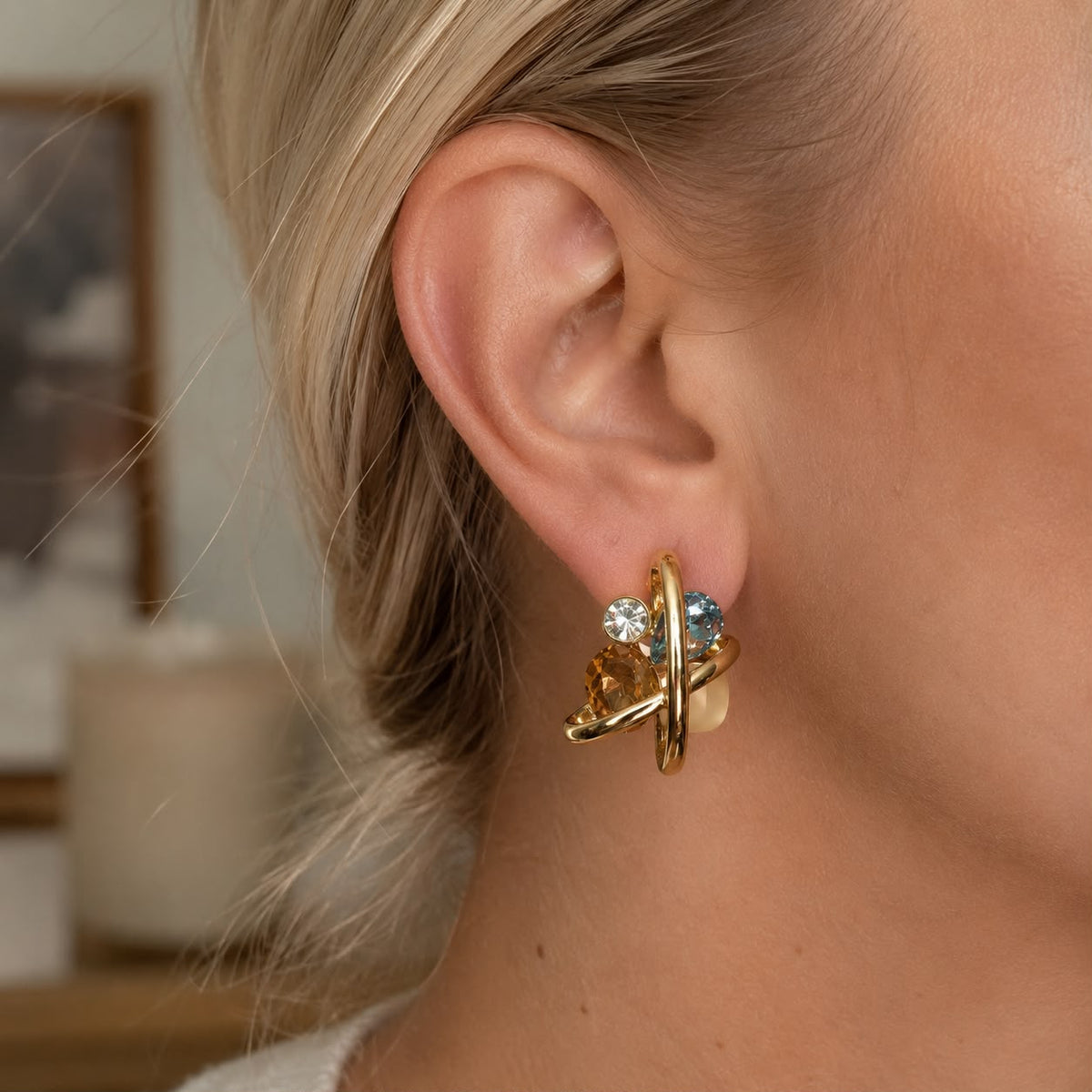 Cosmic Balance Aquamarine and  Citrine Toned Crystal Gold Plated Earrings