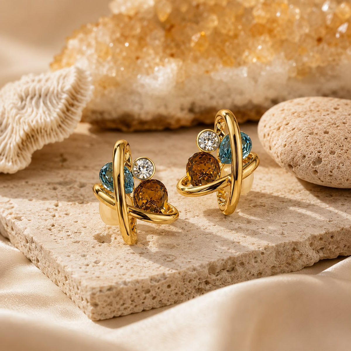 Cosmic Balance Aquamarine and  Citrine Toned Crystal Gold Plated Earrings