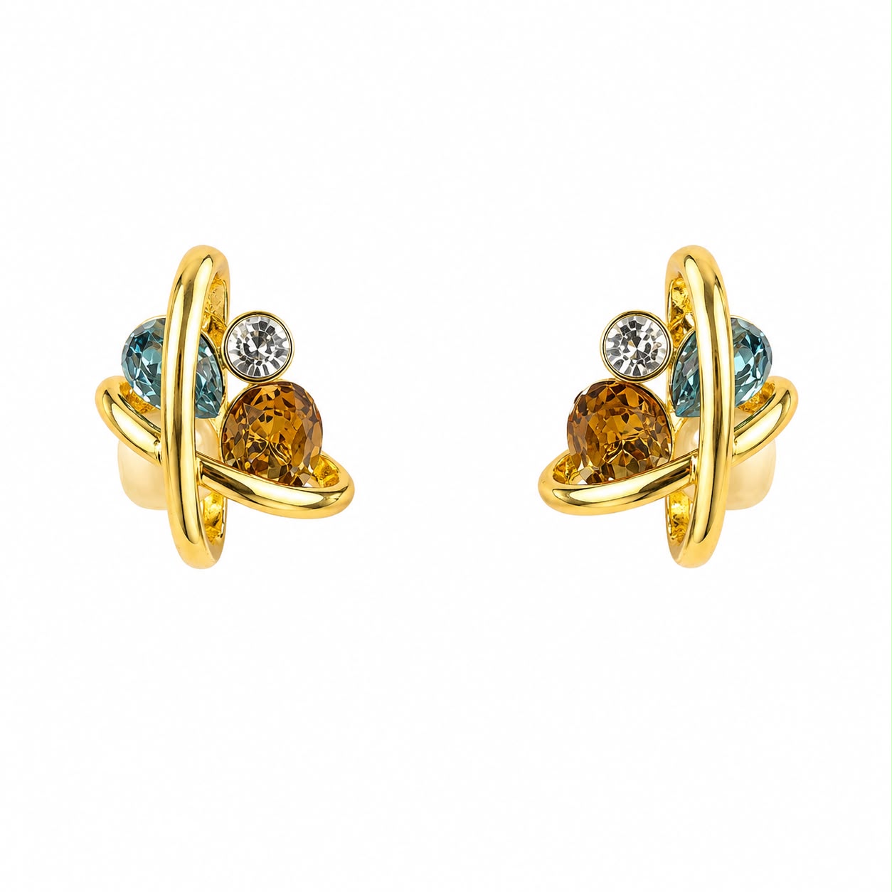 Cosmic Balance Aquamarine and  Citrine Toned Crystal Gold Plated Earrings