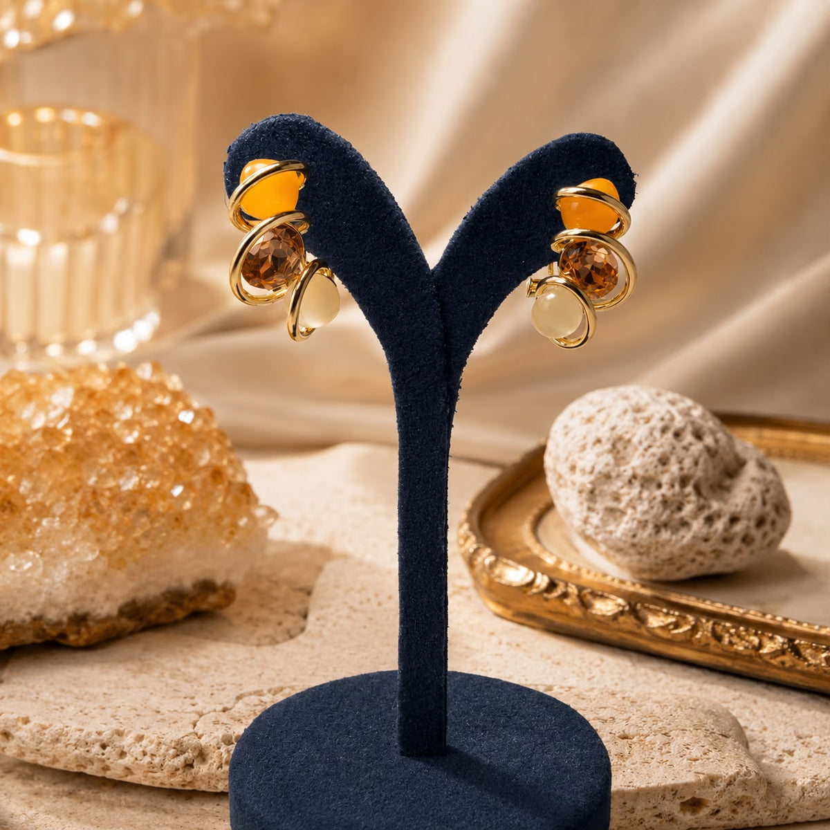 Solar Harmony Amber & Ivory Gold Plated Earrings