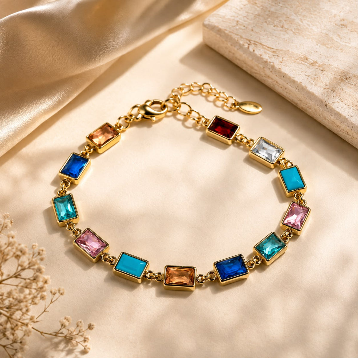 Prismatic Harmony Multicolour Glass Gold Plated Bracelet