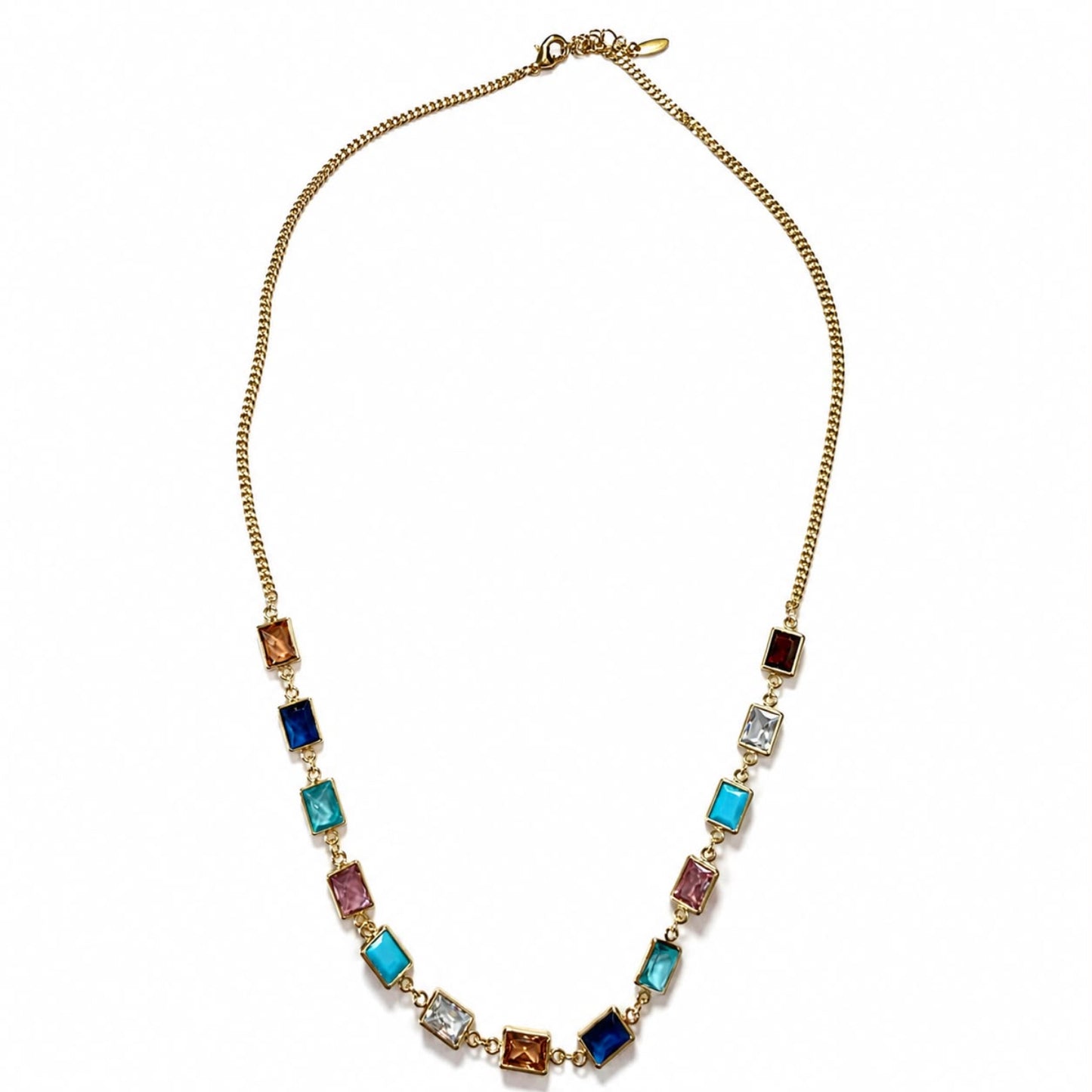 A gold chain necklace featuring a series of colorful rectangular glass beads in shades of blue, turquoise, pink, purple, and brown, displayed on a clean white background.