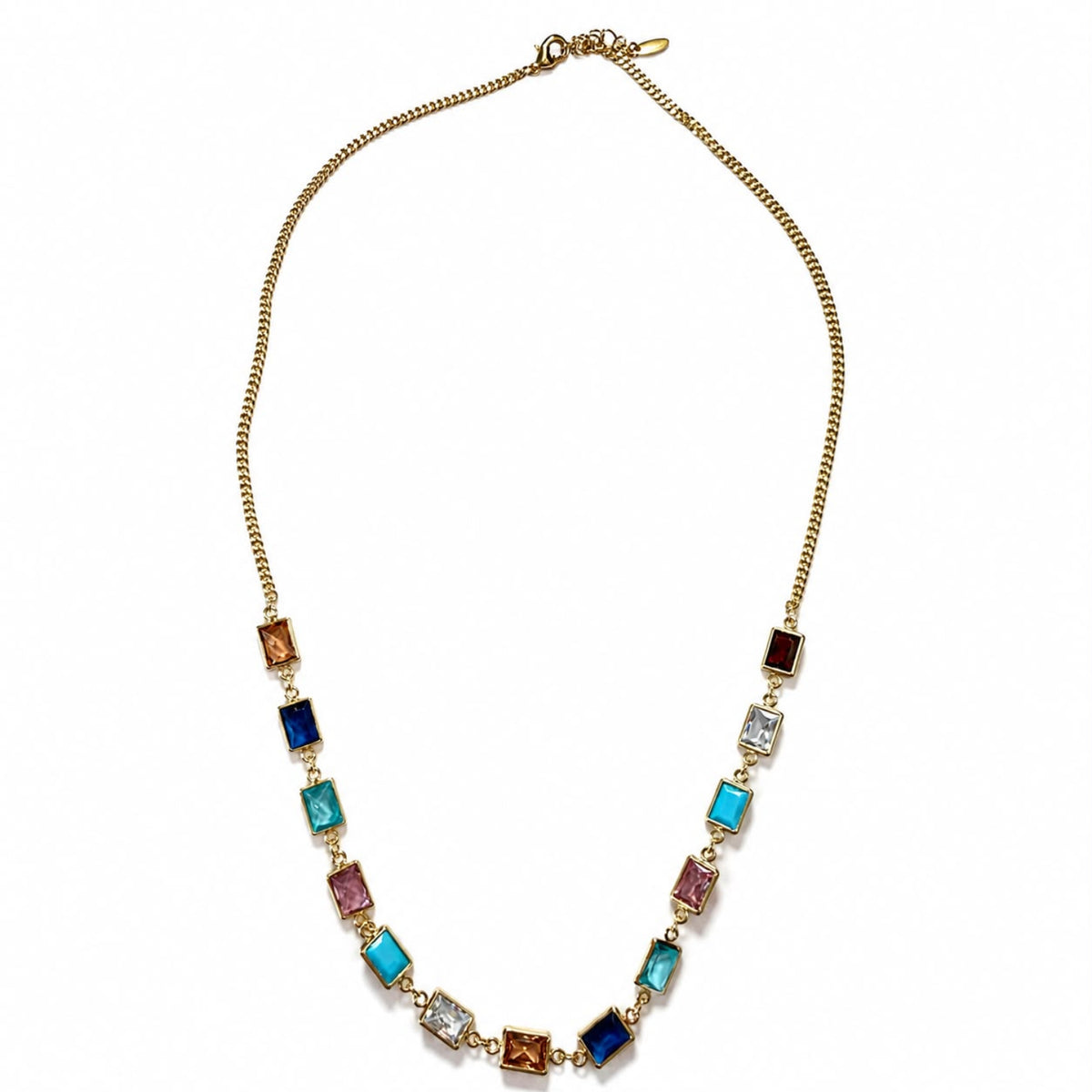 A gold chain necklace featuring a series of colorful rectangular glass beads in shades of blue, turquoise, pink, purple, and brown, displayed on a clean white background.