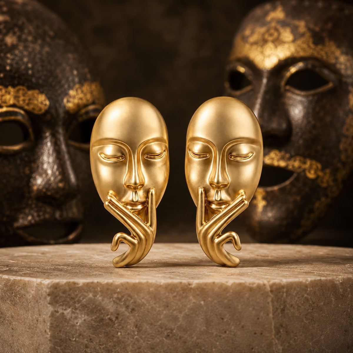 Silent Muse Sculptural Face Matte Gold Plated Earrings