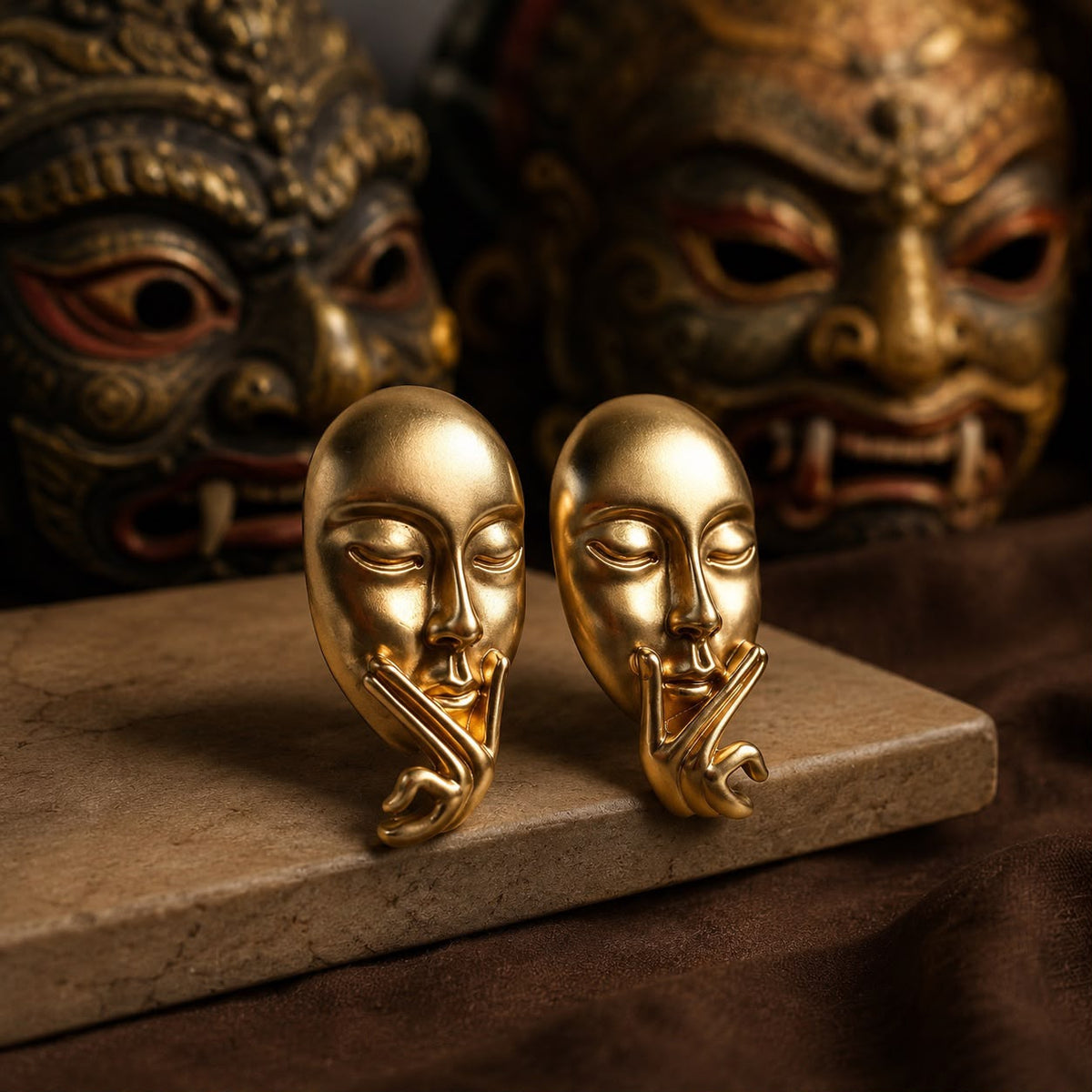 Silent Muse Sculptural Face Matte Gold Plated Earrings