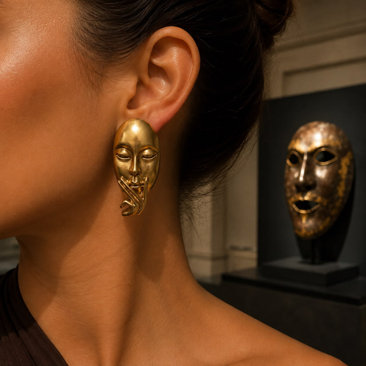 Silent Muse Sculptural Face Matte Gold Plated Earrings