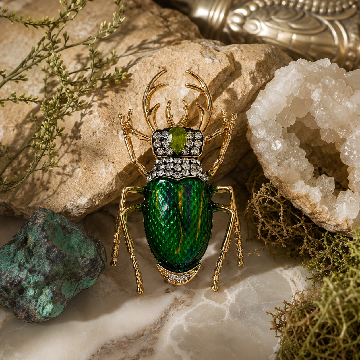 Crimson Guardian Gold Plated Green Brooch