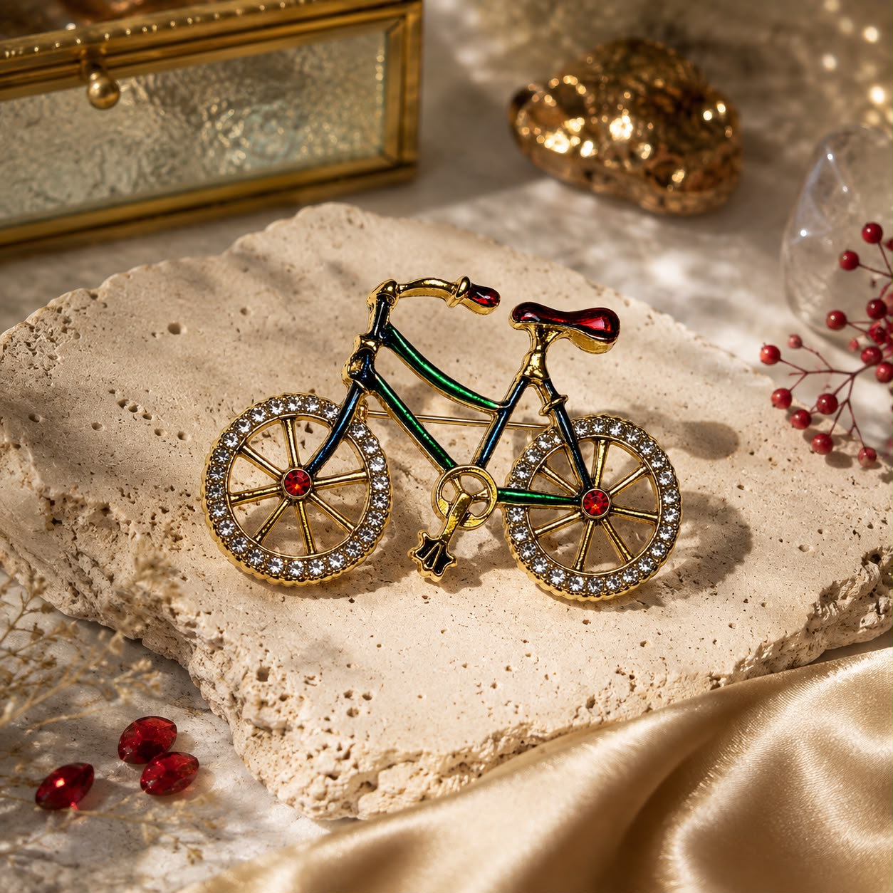 Joyride Colourful Enamel & Zirconia Vintage Gold Tone Bicycle Brooch