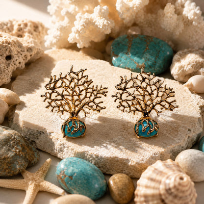 Roots of Serenity Natural Turquoise Tree of Life Gold Plated Earrings